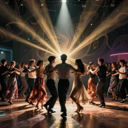 friends dancing facing the camera, crowd in the back, abstract style