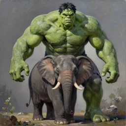 the hulk sitting on an elephant, oil on canvas, intricate, full scene, 8 k highly professionally detailed, hdr, joe jusko