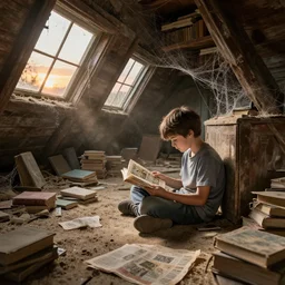 kid reading comic book on the floor in an old abandoned attic with old library covered by dust and cobwebs, dusty floor, books and newspaper on the floor, sunset light through windows, old wood, hyperdetailed, artstation, cgsociety, 8 k