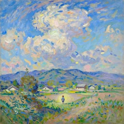 tiny character in front of a beautiful japanese country side landscape, bleu sky, magnificient clouds, lofi vibe, vivide colors, amazing light, really beautiful nature, oil painting, impressionist style, by jeremy lipkin, by claude monet, by ghibli, kandinsky touches, multiple brush strokes, masterpiece