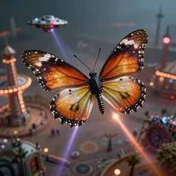 promotional still, high angle, a ( robotic butterfly ) ( robotic ) ( flying spaceship ), slightly glowy, flying over desolate amusement park, firing lasers, ultrarealistic, bokeh, detailed, hq 8 k 4 k, dramatic lighting, frightening, imax 7 0 mm, reminiscent of et extraterrestrial edward scissorhands.