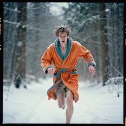 kodak portra 4 0 0, wetplate, dynamic, motion blur, award - winning portrait by britt marling of a desperate skinny man in orange and teal coloured bathrobe running during a blizzard, forest, snowflakes,