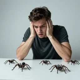 Scared man looking down at spiders all over his body