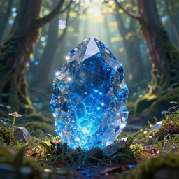 a crystal blue energy rock in a magical forest, god rays, beautiful colors, by cyril rolando and asher durand and natalie shau