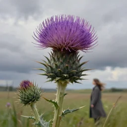 closeup, enormous thistle flower head, girl wearing a coat in field, surreal photography, wind, cloudy sky, dramatic light, impressionist painting, digital painting, artstation, simon stalenhag