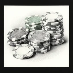 close up of casino chips on a poker table, pencil sketch, realistic shaded, fine details, realistic shaded lighting poster by greg rutkowski