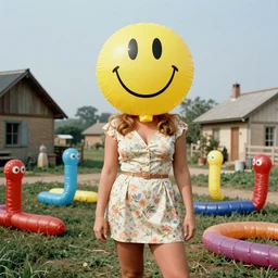 1976 glamorous thicc woman wearing an inflatable smiley head, wearing a dress, in a small village full of inflatable worms, 1976 French film archival footage technicolor film expired film 16mm Fellini new wave John Waters Russ Meyer movie still