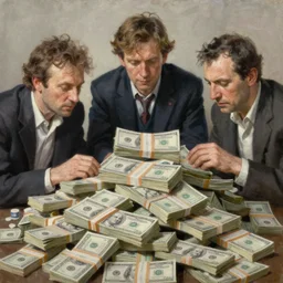 three men and many stacks of money, pile of money, highly detailed oil painting by francis bacon, edward hopper, adrian ghenie, glenn brown, soft light, 4 k, dollar bills