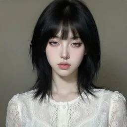 oil portrait of a beautiful pale - skinned girl, in a white lace blouse, with black hair and short bangs, the corners of the eyes are turned down, small nose with piercing and a ring is inserted, brown eyes, long eyelashes, plump lips