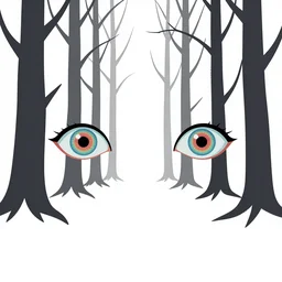 psychedelic eyes in an enchanged forest wide angle shot, white background, vector art, illustration by frank frazetta and salvador dali