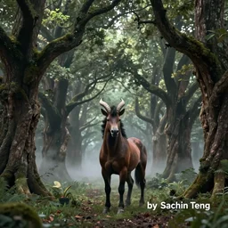 a photorealistic 3d artwork of a moody forest with wide century old oaks, in the center amidst mist stands a brown aggressive centaur, 8K image, trending on artstation, award winning, octane render, hard edges, realism, by Sachin Teng