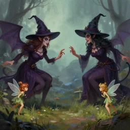 digital painting of evil witches battling fairies in p - land, trending on artstation