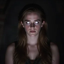 emma watson with white glowing eyes, dark room, divine, godess, artistic, holy