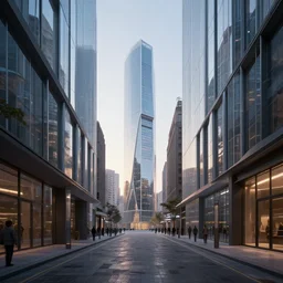 a beautiful photorealistic rendering of city alley by daniel burnham, made of glass at dawn postcyberpunk, archdaily, wallpaper, highly detailed, trending on artstation.
