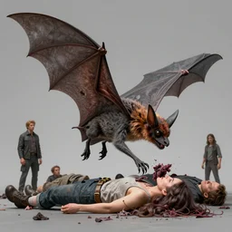 a giant bat scavenge on a girls and mens corpses by neville page, ken barthelmey, carlos huante and doug chiang, sharp focus, trending on artstation, hyper realism, octane render, 8 k, hyper detailed, ultra detailed, highly detailed, zbrush, concept art, creature design
