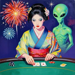 hyperrealism composition of the detailed woman in a japanese kimono sitting at a poker table with an alien, fireworks on the background, pop - art style, jacky tsai style, andy warhol style, acrylic on canvas