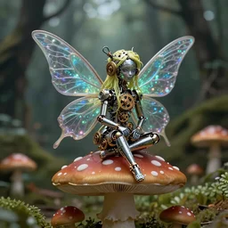 12mm intricate mechanical fairy with visible gears and electronics and optic Fibres sitting on top of a mushroom in a magical forest. Very detailed 8k. Fantasy cyberpunk horror. Sharp. Cinematic post-processing