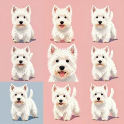 west hightland white terrier in different drawing styles and backgrounds