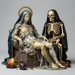 masterpiece ultrarealistic ultradetailed la pieta painting of slime catholic veiled lady beside rotten fruit still life, skeleton, greg rutkowski, immerse, 1 9 th, special effects makeup, maximalist, glittering, gold, ivory, hyperreal, golden ratio, alphonse mucha