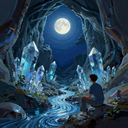 concept art by jama jurabaev and ismail inceoglu, cel shaded, cinematic shot, trending on artstation, high quality, brush stroke, vibrant colors, quiet crystal cave under the moonlight, and the streams are dotted with stars