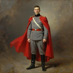 ww 1 general wearing drab grey uniform, long red heroic cape on his back, oil on canvas