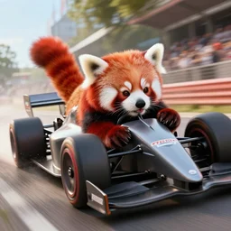 a red panda driving a race car, in the style of fast and furious, scene
