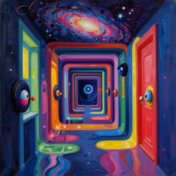an extremely high quality hd surrealism painting of a 3d slow-shutter galactic neon complimentary colored cartoon surrealism melting optical illusion hallway by a much more skilled version of kandinsky and salvia dali the fourth, salvador dali's much much much much more talented painter cousin, 4k, ultra realistic, super realistic, so realistic that it changes your life