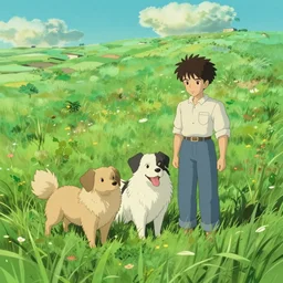 dogs on green landscape by hayao miyazaki, studio ghibli and gediminas pranckevicius, very high detail