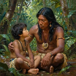 a beautiful painting of an amazonian indigenous man sitting with his grandson, telling stories in the jungle, matte painting, art by christophe vacher