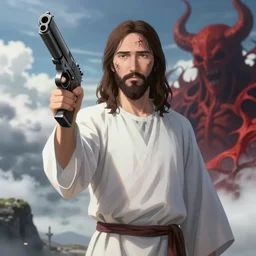 jesus in an anime style between heaven and hell holding a gun with scratches on there face, highly detailed