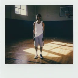 Druid on the basketball court, ethereal, boke, natural lighting, 90s polaroid, by Saul Leiter, Jamel Shabazz, Nan Goldin