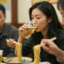 chinese woman drinking beer and eating noodles with friends. shanghai. closeup