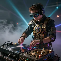 a person wearing goggles and visor and headphones using a steampunk record player contraption, wires and tubes, turntablism dj scratching, intricate planetary gears, cinematic, imax, sharp focus, leds, bokeh, iridescent, black light, fog machine, hazy, lasers, art by simon stalenhag and beeple
