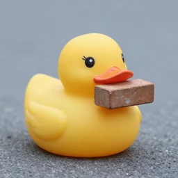 rubber ducky with a brick in its mouth, photorealistic, Sigma 105mm f/1.4