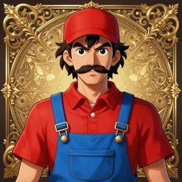 highly detailed vfx portrait of a man with a mustache wearing a red shirt, blue overalls, and a red cap, art by castlevania, digital illustration, ornate details,