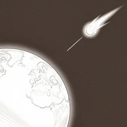 ink lineart drawing of a shooting star towards a planet, comet, wide angle, seen from space, artstation, etchings, junji ito, chinese brush pen, illustration, high contrast, deep black tones contour