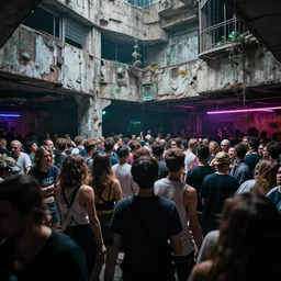 photograph of a lot of people inside of a rundown hidden club, brutalism, retrofuturism, cyberpunk, sigma 85mm f/1.4, 35mm, 4k, depth of field, high resolution, 4k, 8k, hd, highly detailed, full color