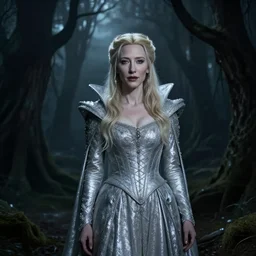 portrait of (((mischievous))), baleful young Cate Blanchett as Galadriel as a queen of fairies, dressed in a beautiful silver dress. The background is a dark, creepy eastern europen forrest.  night, horroristic shadows, high contrasts, lumnious,  photorealistic, dreamlike, (mist filters), theatrical, character concept art by ruan jia, thomas kinkade, and J.Dickenson, trending on Artstation