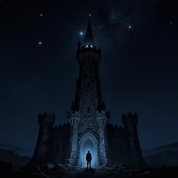 polaris, the north star, the pole star, evil and monstrous, leers down from the black vault, stone watchtower, night sky, castle, single man, lonely, insanity, winking hideously like an insane watching eye which strives to convey some strange message, yet recalls nothing save that it once had a message to convey, artstation, artgerm, 8 k