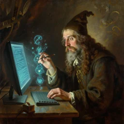 time travelling wizard experimenting with new arcane programming language on a glowing computer, oil painting, joseph wright of derby