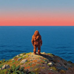 grainy risograph, painting of a prehistoric hairy caveman looking over the endless ocean on top of a hill, vivid colors, by moebius and lehr paul and kim jung gi