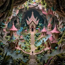 the overgrown elvish cave village by charlie bowater and anna dittmann and artgerm and clemens ascher, intricate, elegant, pink and blue and green mist, highly detailed, dramatic lighting, sharp focus, octane render, trending on artstation, artstationhd, artstationhq, unreal engine, 4 k, 8 k
