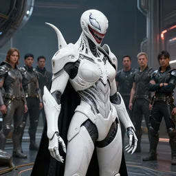 high intricate venom with white sci - fi armor and black garment, space harbor, maria panfilova, andrea savchenko, mike kime, ludovic plouffe, qi sheng luo, oliver cook, julian calle, eddie mendoza, trending on artstation