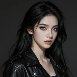 a beautiful woman with long black hair, blue eyes, fantasy, intricate, elegant, dramatic lighting, gorgeous face, black leather jacket, highly detailed, lifelike, photorealistic, digital painting, artstation,  illustration, concept art, smooth, sharp focus, art by John Collier and Albert Aublet and Krenz Cushart and Artem Demura and Alphonse Mucha
