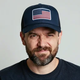 a middle age bearded social media dork with generic baseball hat and a fake guru vibe, short groomed beard, douchey expression, generic trucker hat