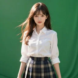 Visual novel sprite, young woman in a white blouse and tartan skirt, Green screen background.
