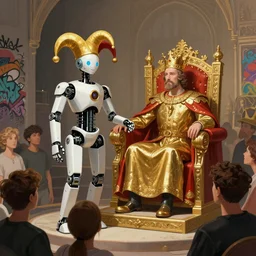 Court jester artificial intelligence robot  surrounded by crowd, next to the king's throne, futuristic, intricate, elegant, digital painting, artstation, concept art, smooth, sharp focus, illustration, artstation trending,perfect composition, golden ratio, beautiful detailed, photorealistic, geometric shapes, hard edges, graffiti, street art