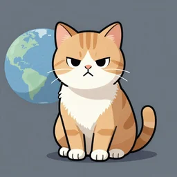 A grumpy cat sitting on planet earth, digital art