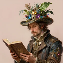 HD 8x hyperdetailed illustrated collage of a man with a maximalist hyperrealistic huge hat made of mixed media jewel plants, reading an elaborate book. flamish baroque solarpunk elements. matte background in pastel tones.