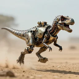 action photography, long shot, award winning macro photo of an ultra detailed intricate steampunk robotic dirty dinosaur running fast in the sand, fast shutter speed, motion blur, tiny gaussian blur, highly detailed, highly intricate, depth of field, national geographic